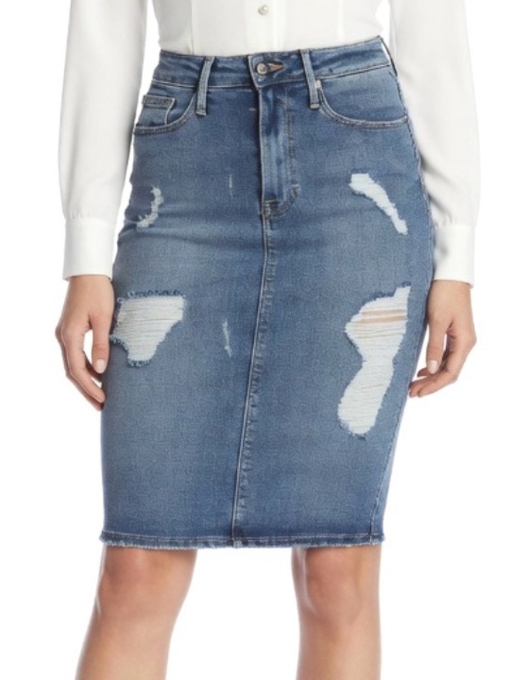 NEW Good America High Waist Distressed Stretch Denim Pencil Skirt Size 0/25